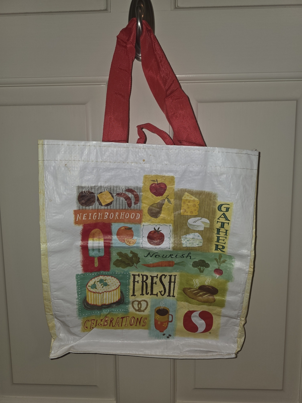 Neighborhood White Tote Bag with Red Handles and Colorful Fresh Food Graphic